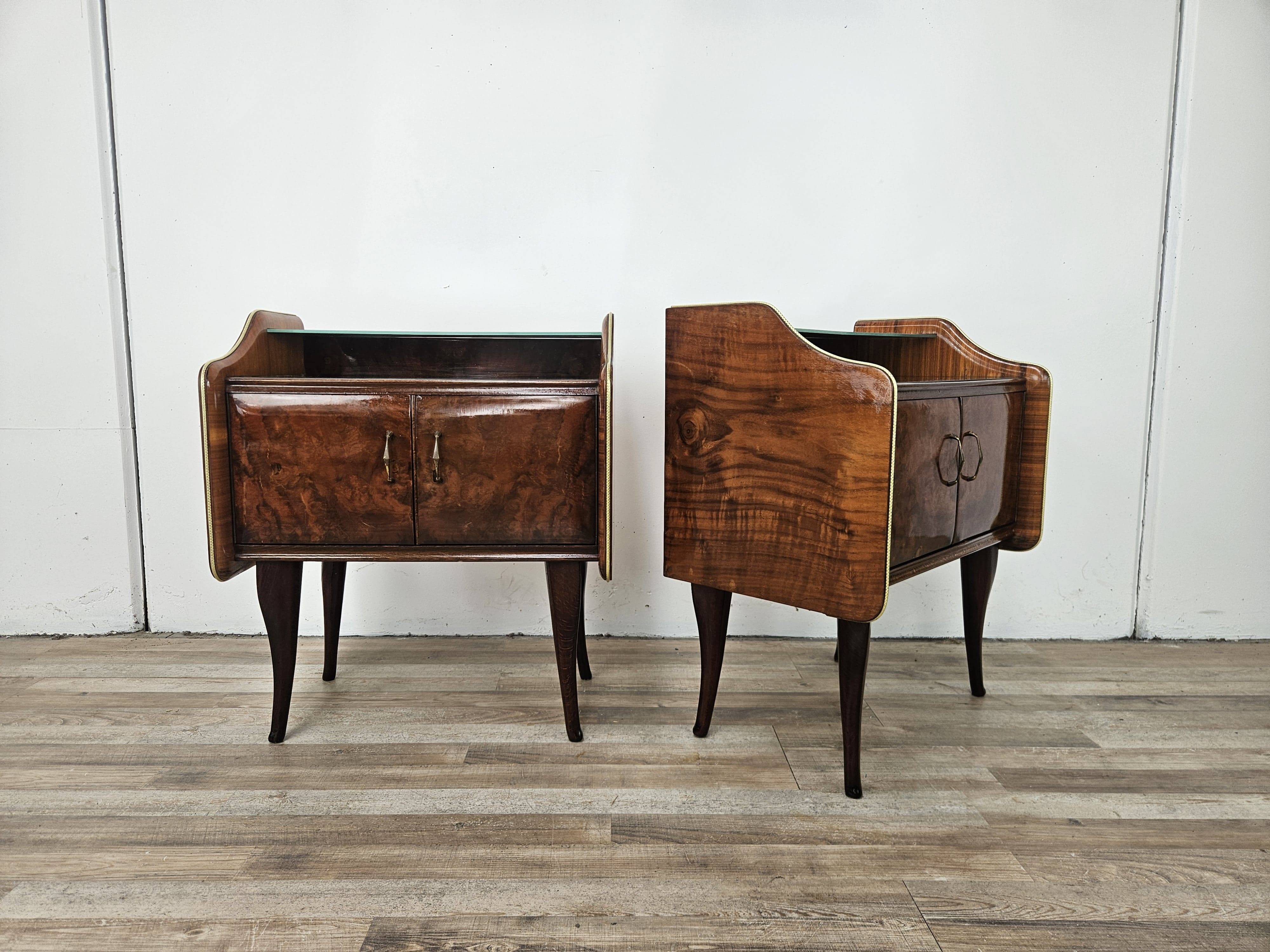 Walnut burl bedside tables with double glass top