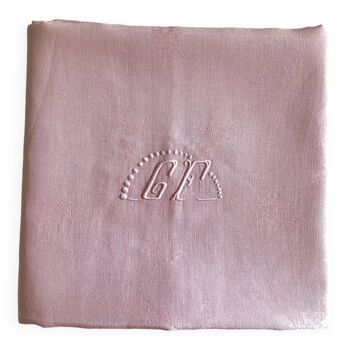 Nappe damassée ancienne en lin baby rose