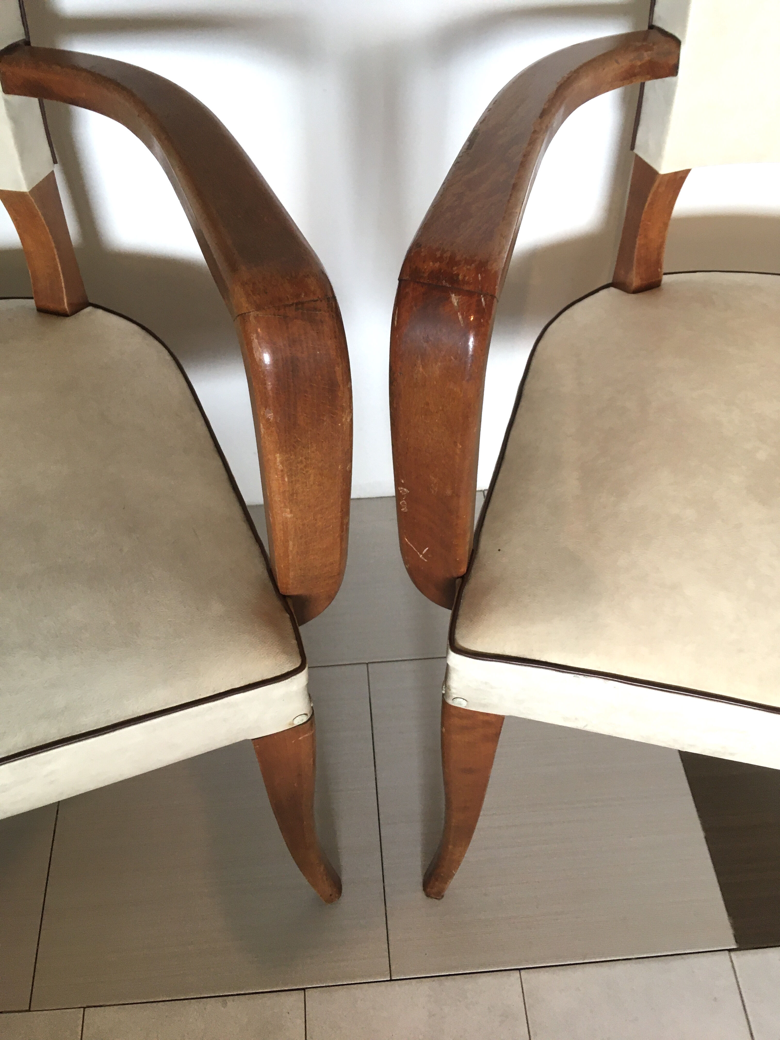 Pair of armchair bridge skai white year 50/60 wood spring deco vintage art deco