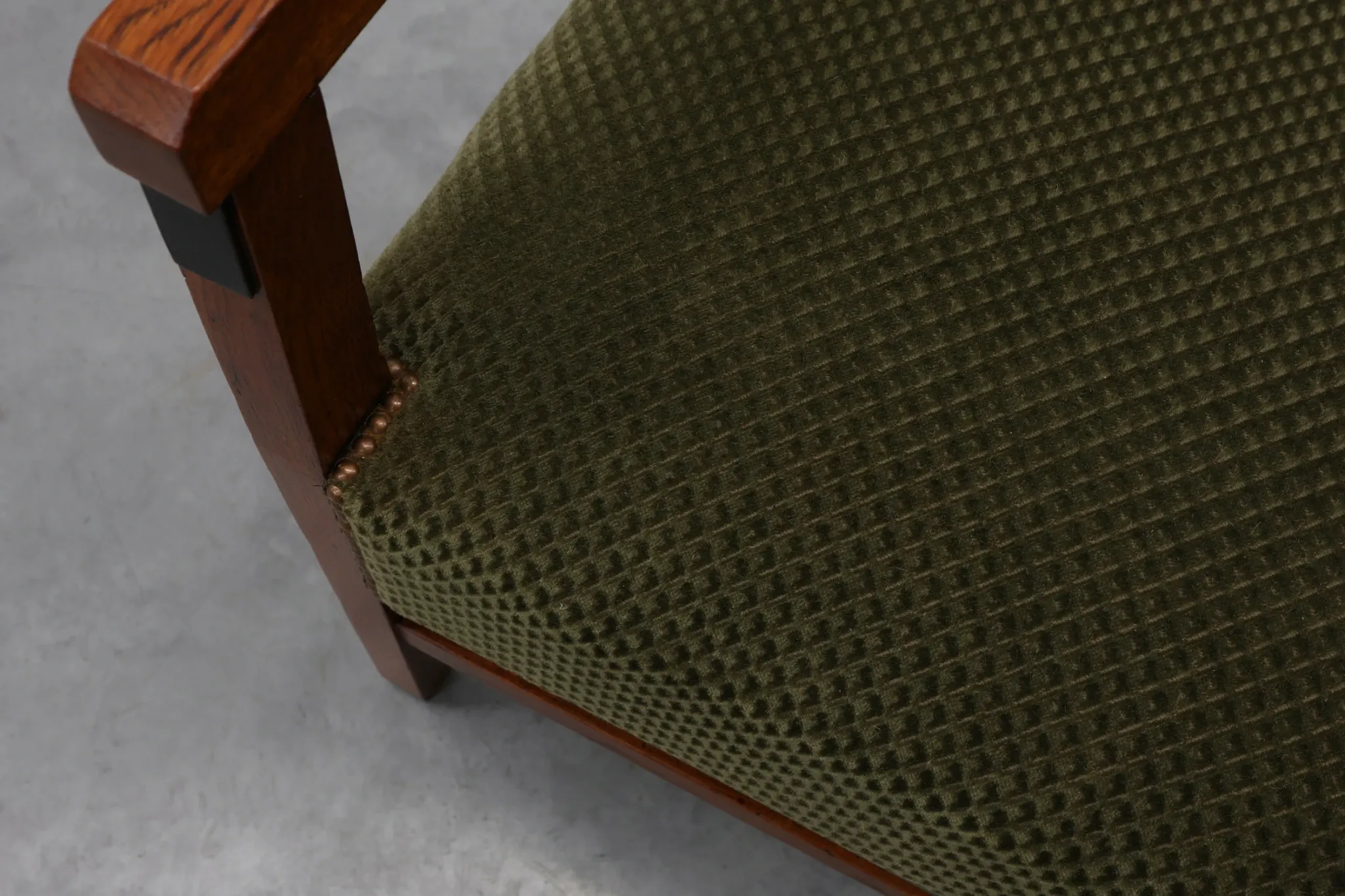 Amsterdamse School Oak Armchair with Green Velvet Seat, Netherlands, 1920s