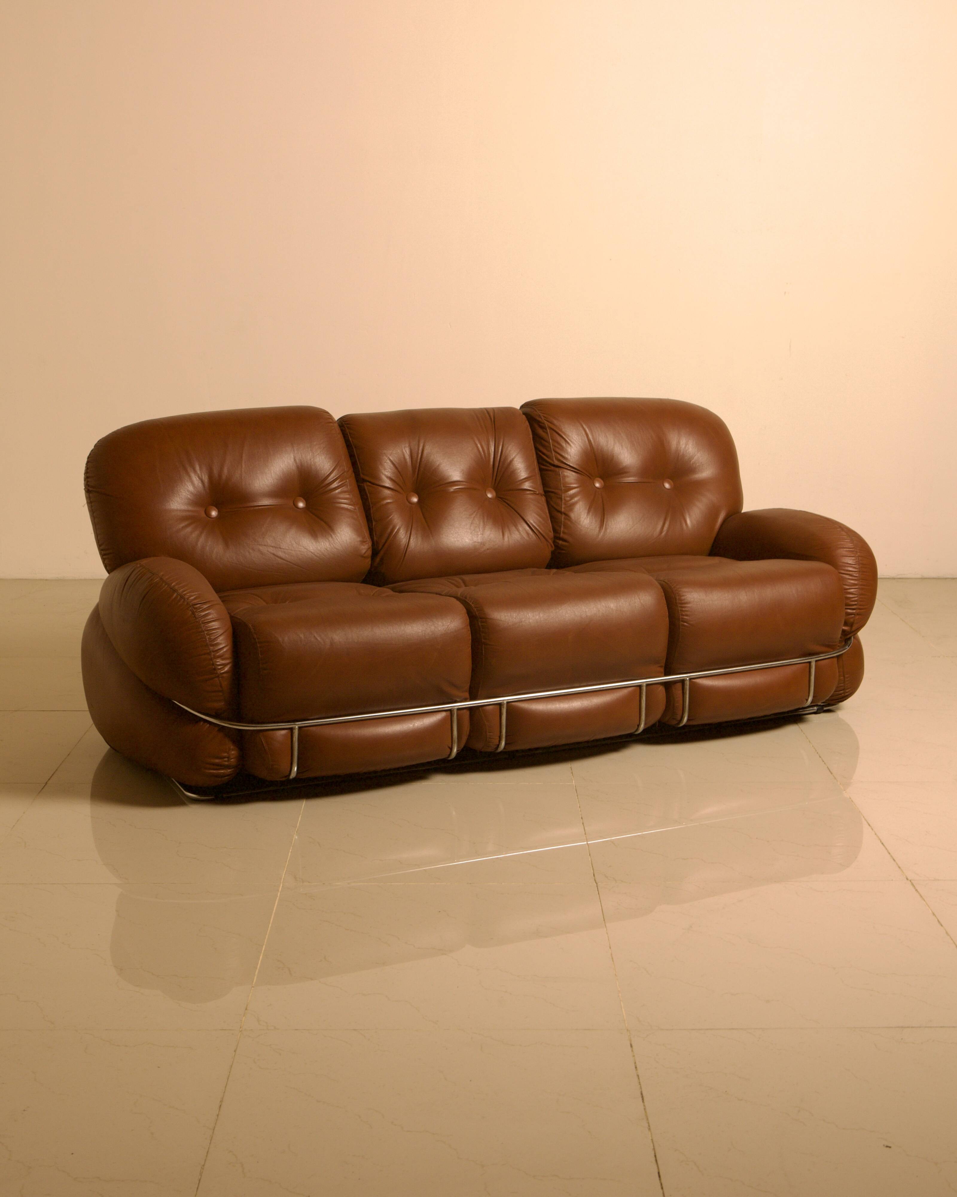 Italian brown leather "Okay" sofa by Adriano Piazzesi 70's