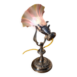 Art Nouveau nickel-plated bronze marine lamp, tri-color opaline tulip shade, 33x