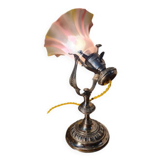 Art Nouveau nickel-plated bronze marine lamp, tri-color opaline tulip shade, 33x