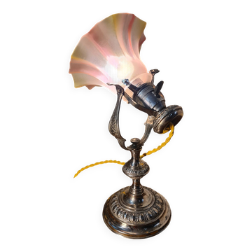 Art Nouveau nickel-plated bronze marine lamp, tri-color opaline tulip shade, 33x