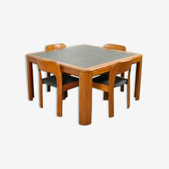 Vintage dining table set with plywood chairs and wooden table with slate inlay, 70s