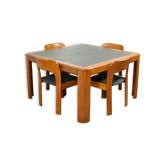 Vintage dining table set with plywood chairs and wooden table with slate inlay, 70s