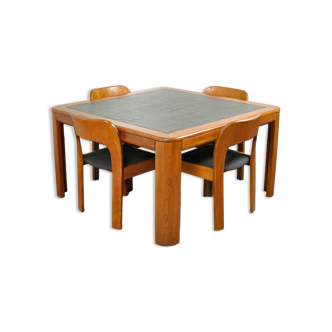 Vintage dining table set with plywood chairs and wooden table with slate inlay, 70s