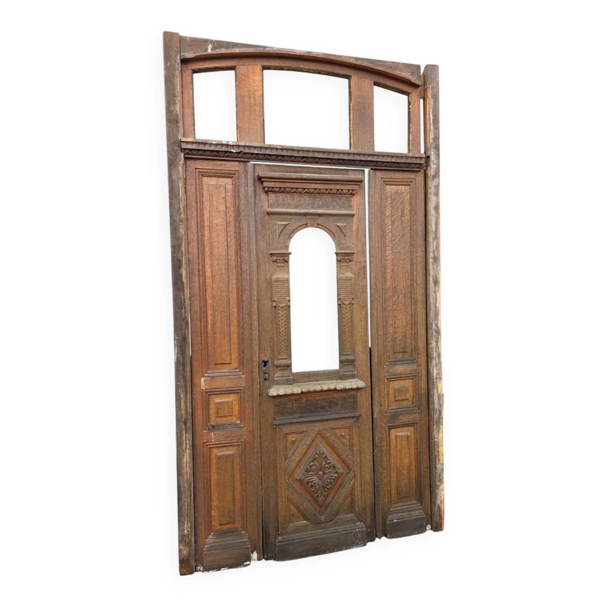 19th-century solid oak entrance door with three openings, including frame.