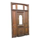 19th-century solid oak entrance door with three openings, including frame.