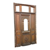 19th-century solid oak entrance door with three openings, including frame.