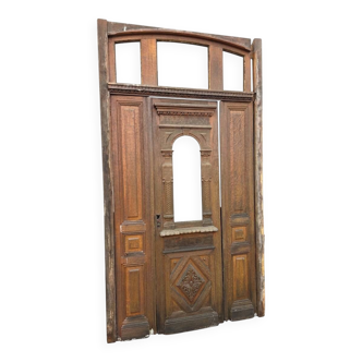 19th-century solid oak entrance door with three openings, including frame.