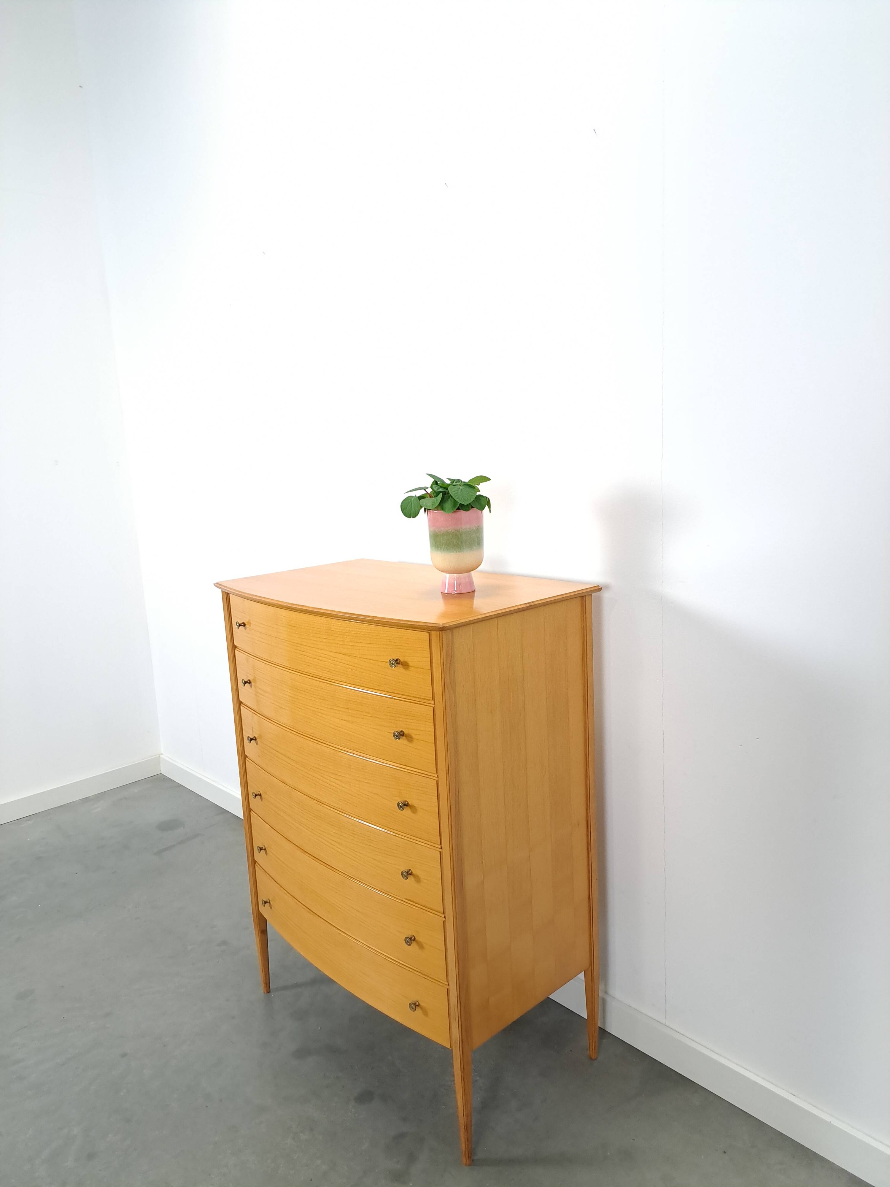 Mid-Century hoge gebogen ladekast met 6 lades