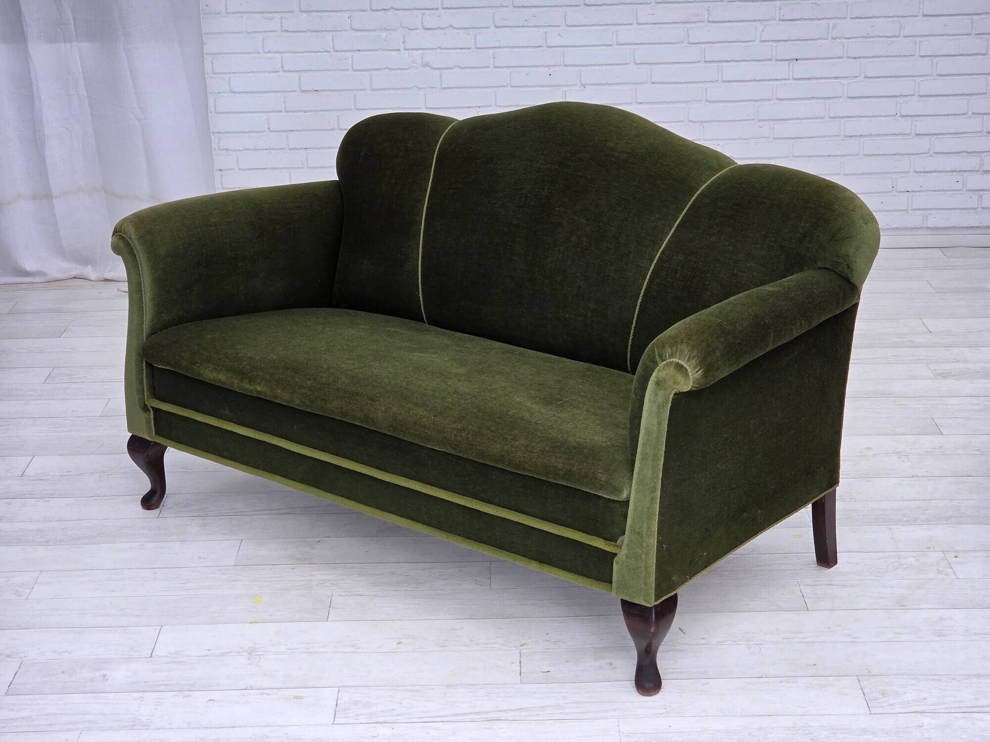 1950s, Danish 2-seater sofa, green furniture velour, ash wood legs.