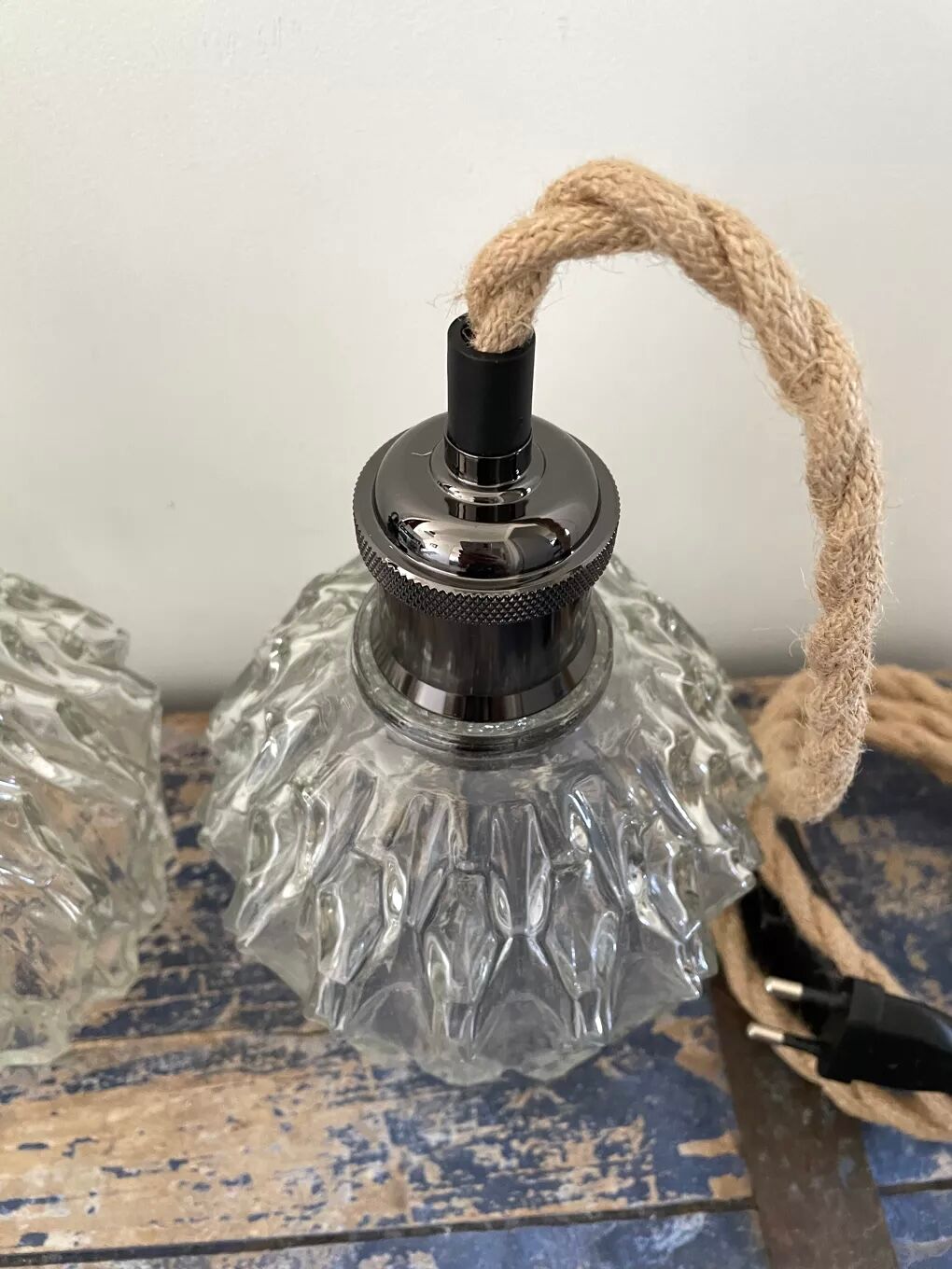 Set of three vintage electric chiseled glass walking lamps