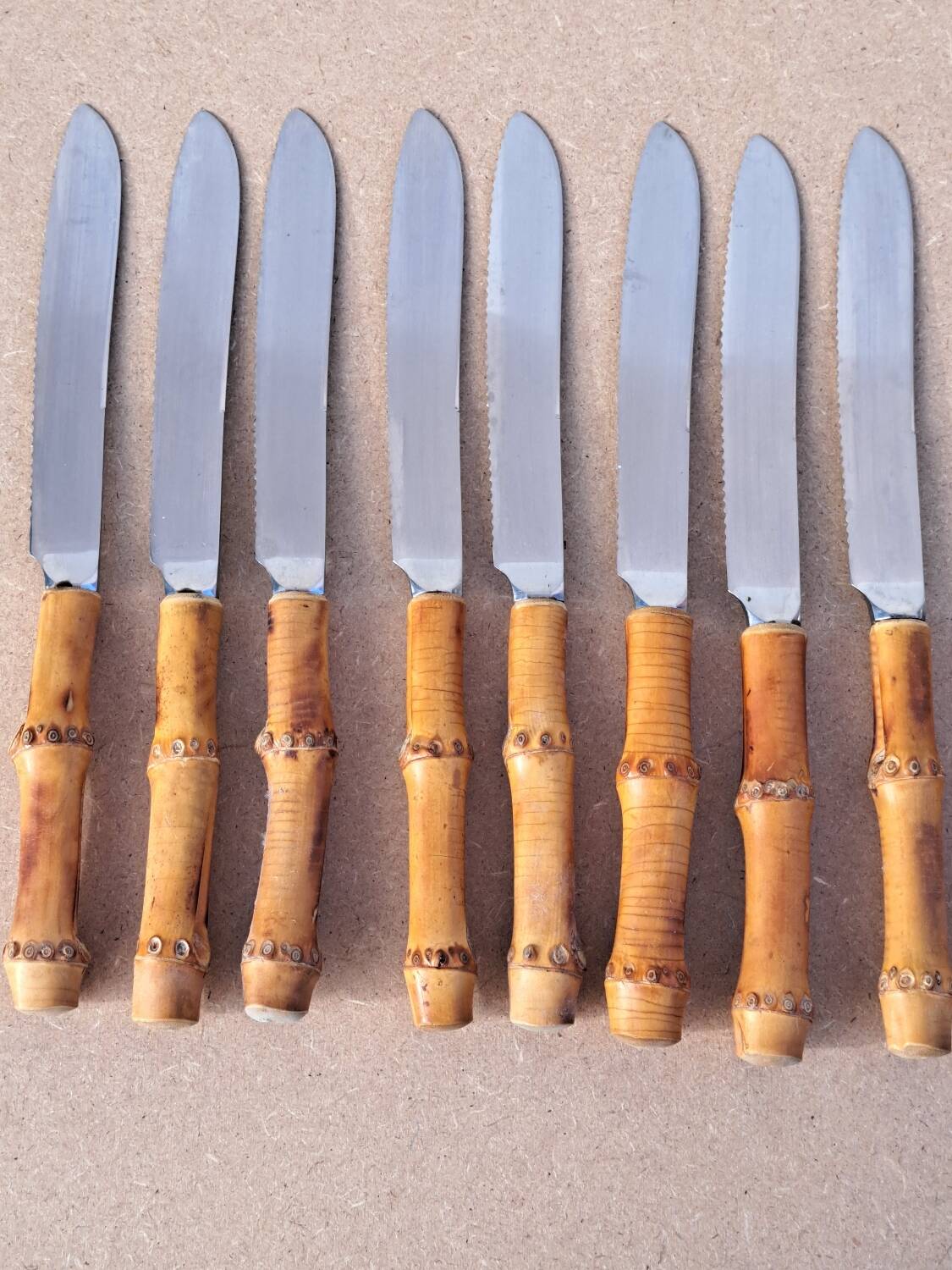 9 vintage bamboo handle knives