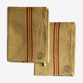 Set of two ancient tea towels tinted in Indian yellow