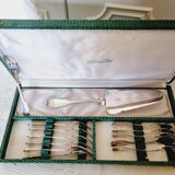 Coffret à Gâteaux Vintage avec 12 Fourchettes et 1 Pelle en Métal Argenté à Décor de Coquille