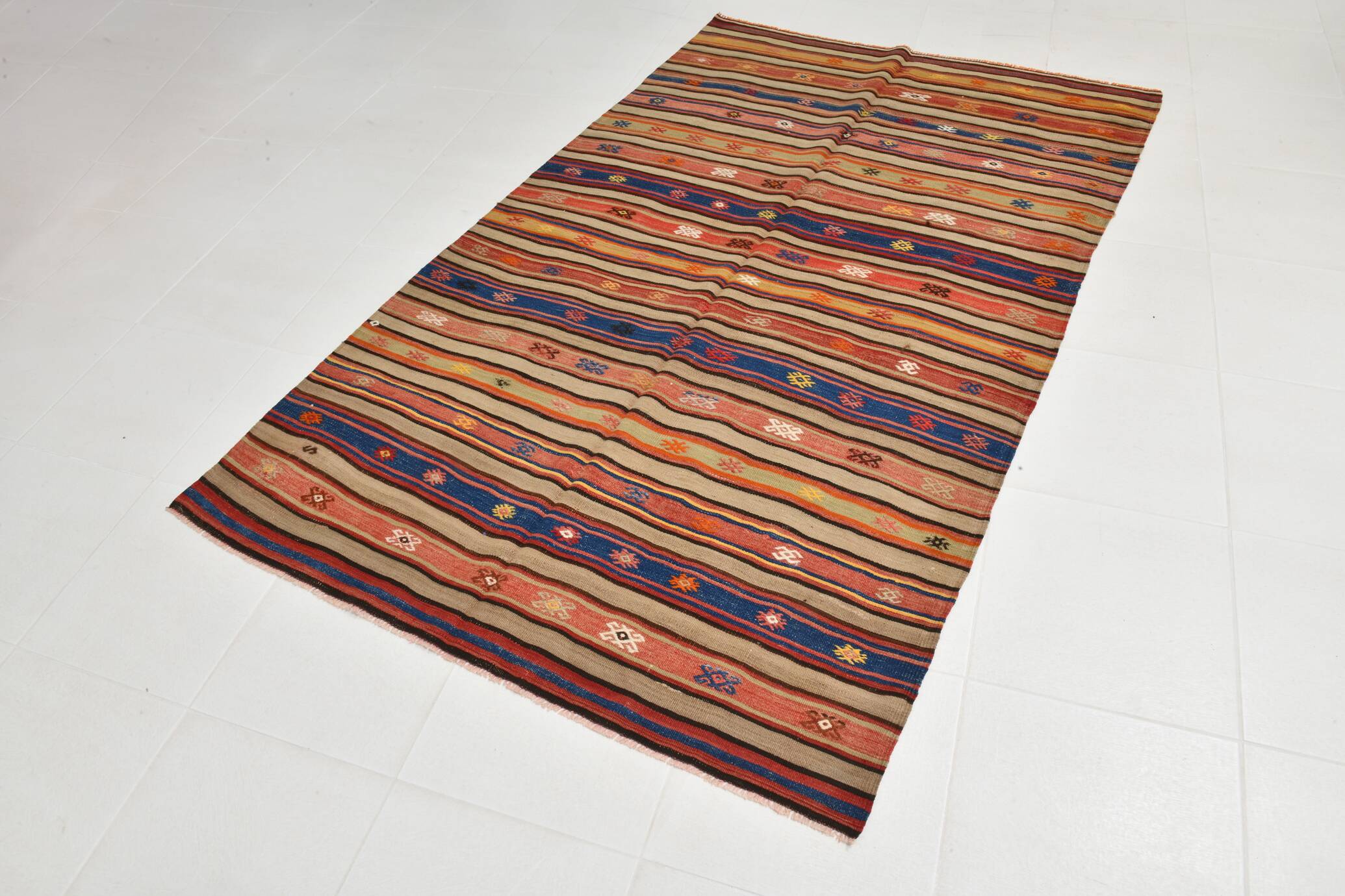 5x8 Wool Kilim Rug, Handwoven Blue & Red Wool Kilim Rug, 143x230Cm