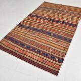 5x8 Wool Kilim Rug, Handwoven Blue & Red Wool Kilim Rug, 143x230Cm