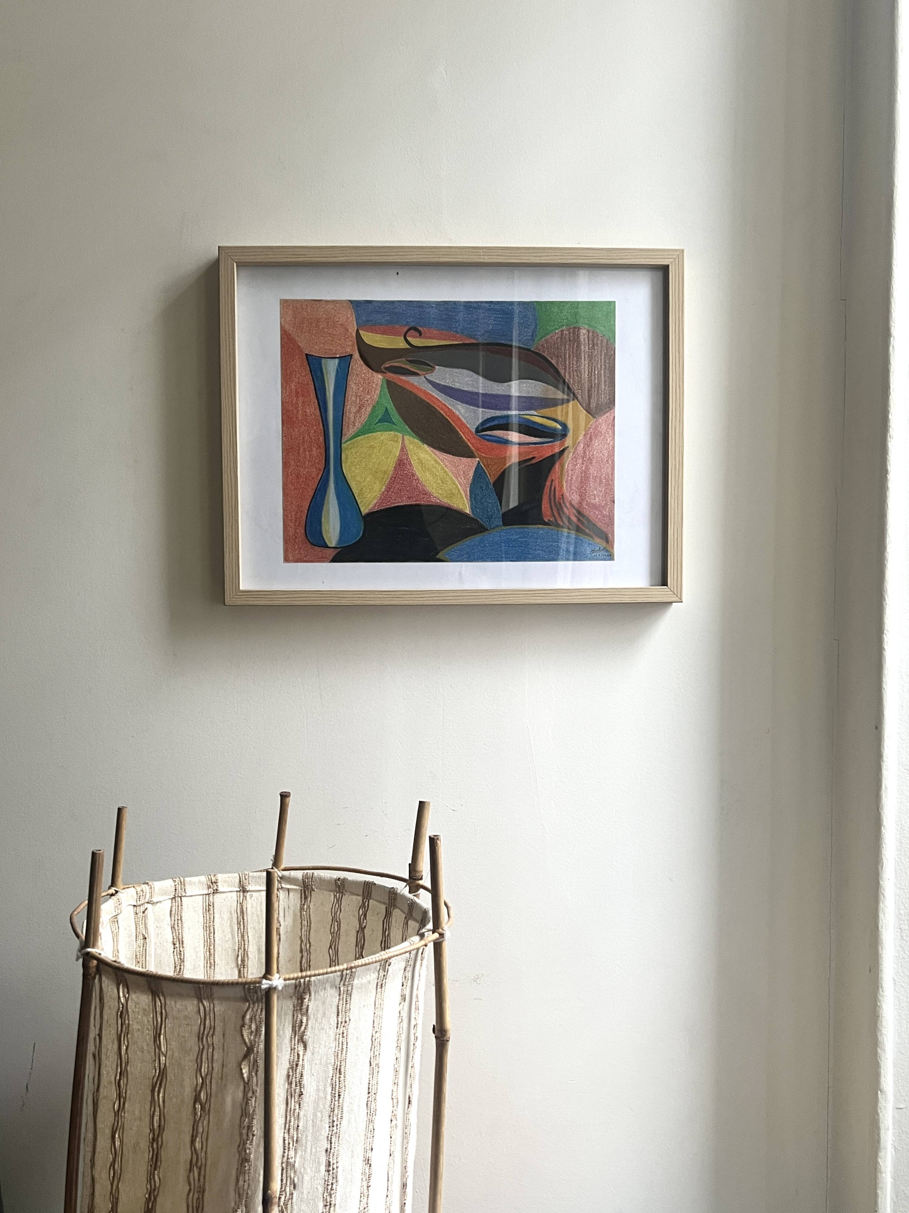 Vintage cubist still life pastel under glass and signed from 1967.