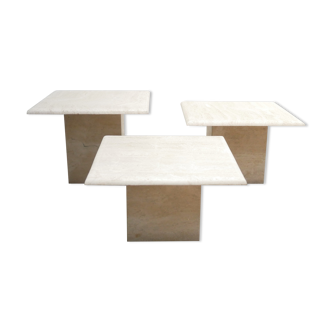 Series of 3 vintage coffee tables in travertine