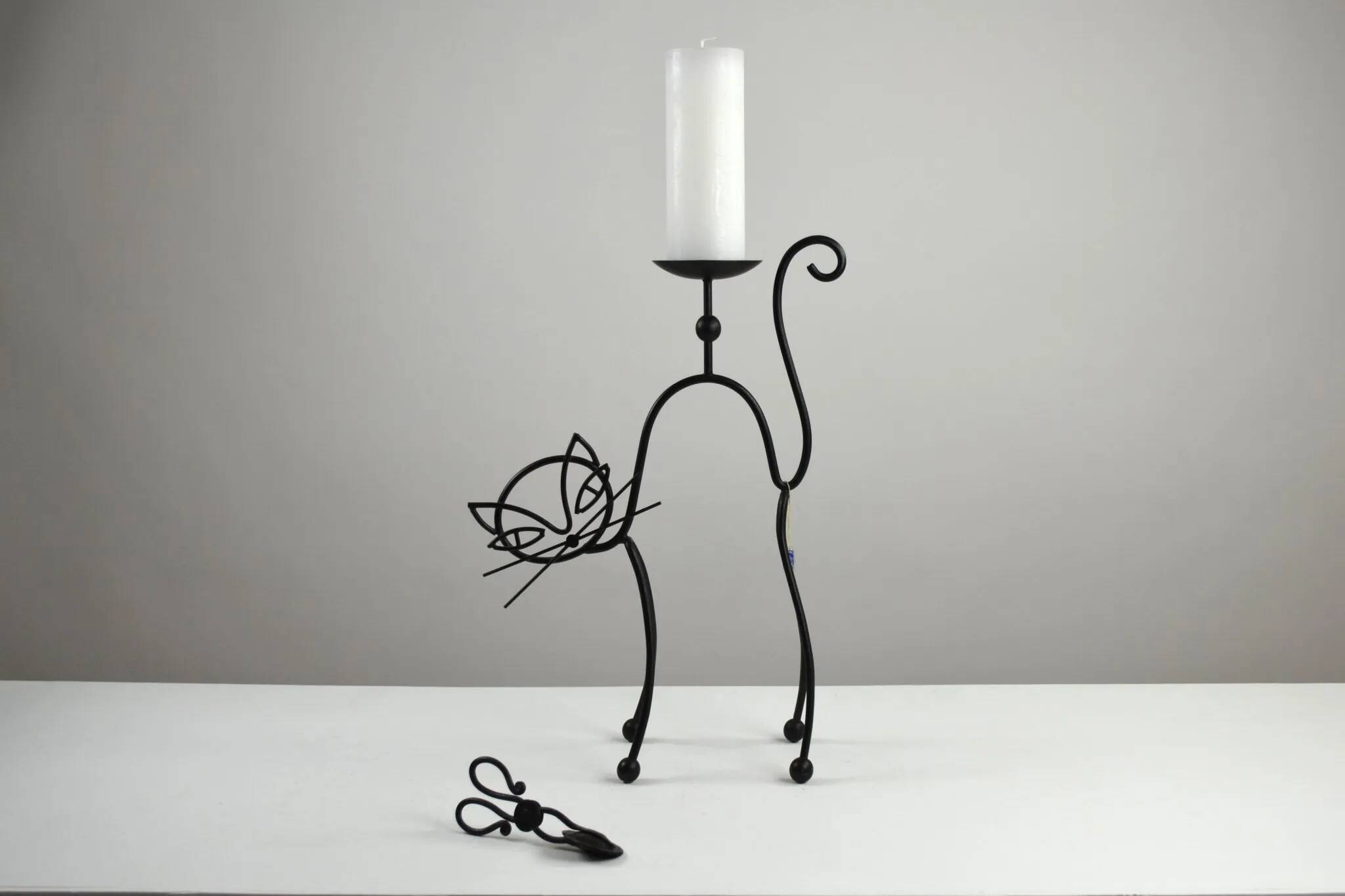 Black Painted Metal Cat Candle Holder, Snuffer & Original Label by Gunnar Ander for Ystad-Metall, Sweden, 1950s/60s