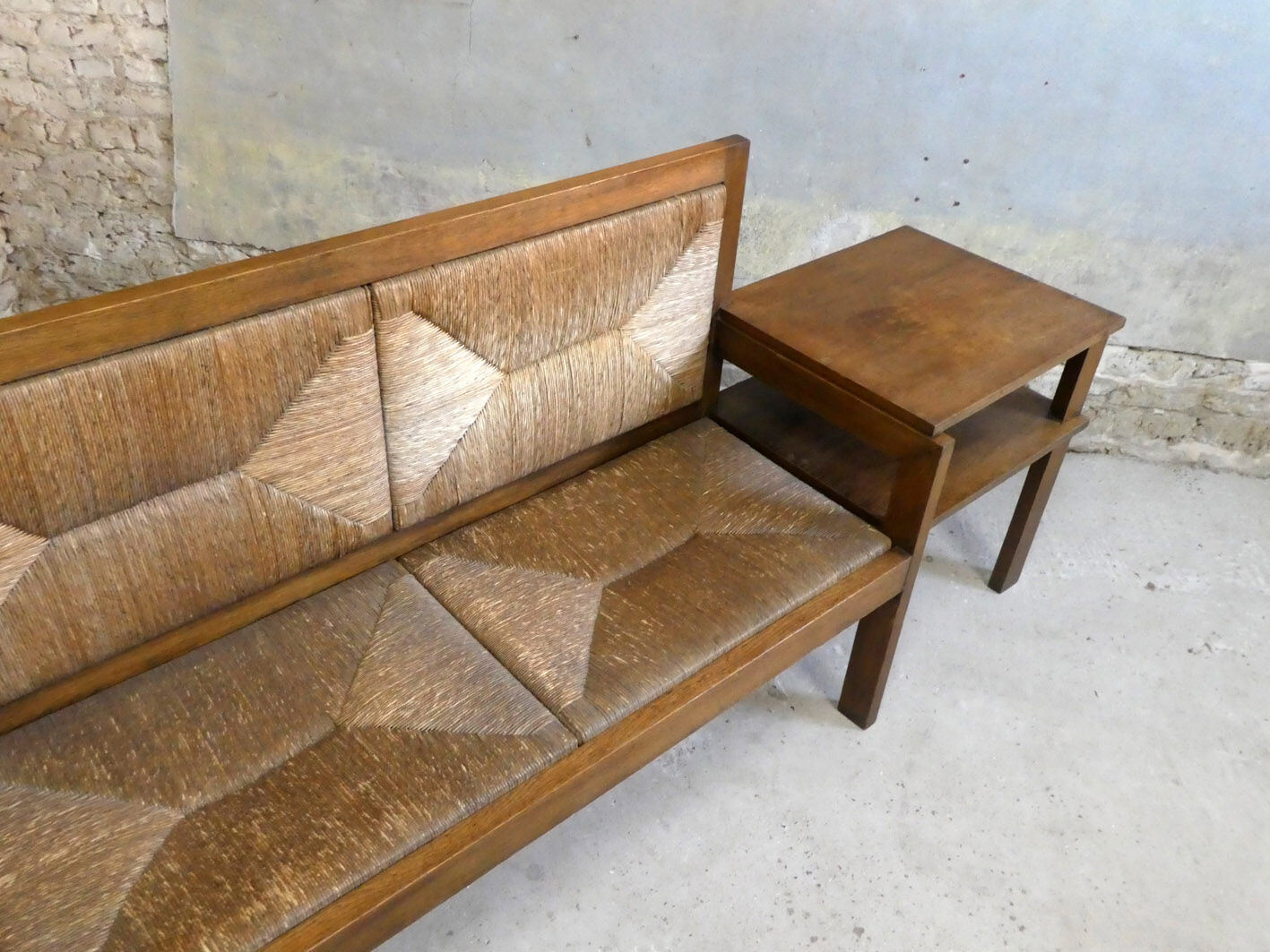large oak and straw bench, 1930