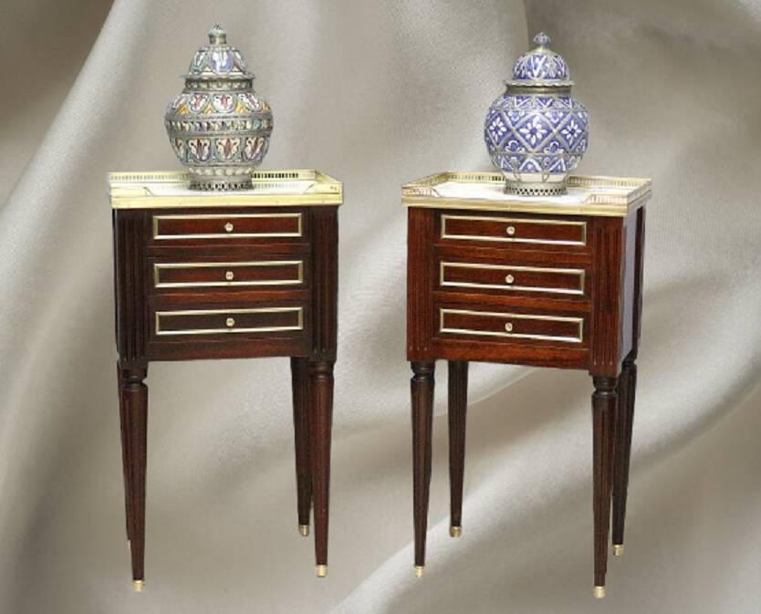 Pair of Nightstands Mahogany White Carrara Marble Louis XVI Style
