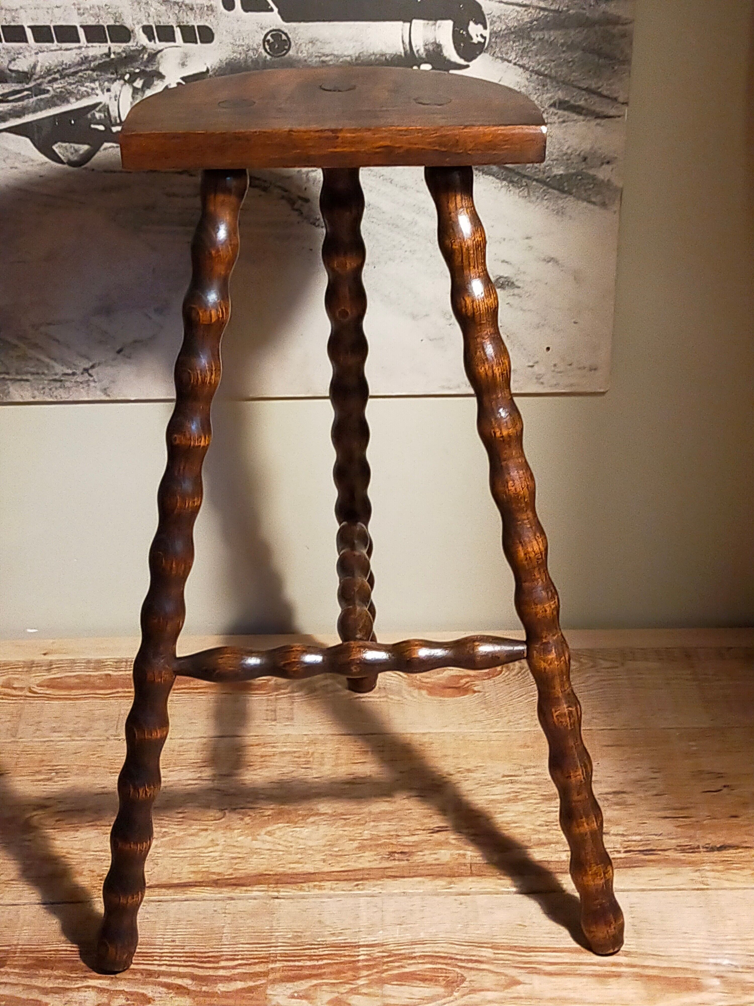 Stool high tripod solid wood turned vintage