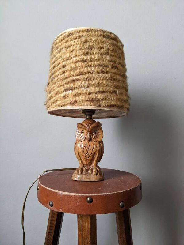Lampe chouette hibou vintage abat-jour en laine fabrication artisanale