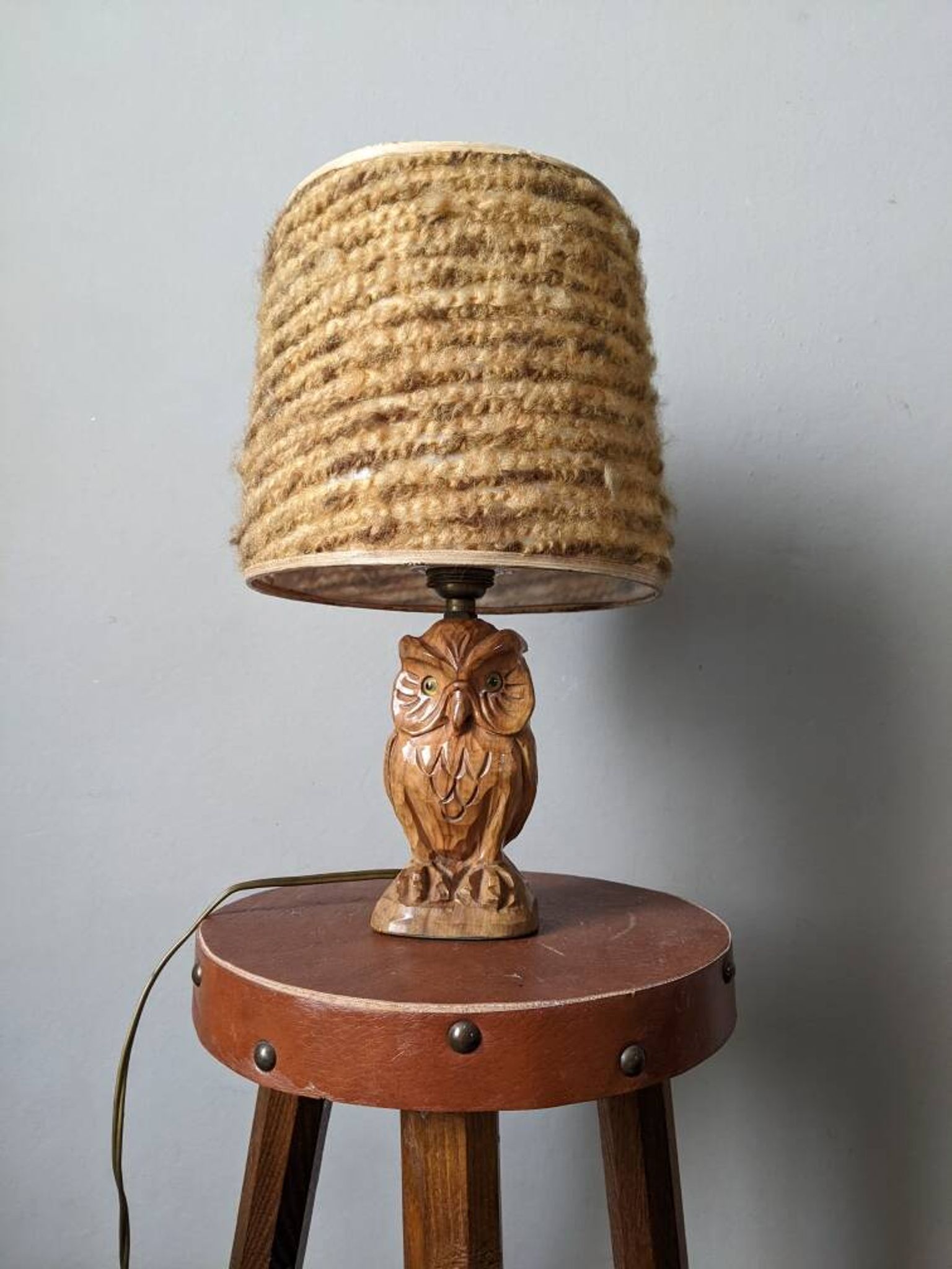 Vintage owl lamp with wool lampshade, handmade