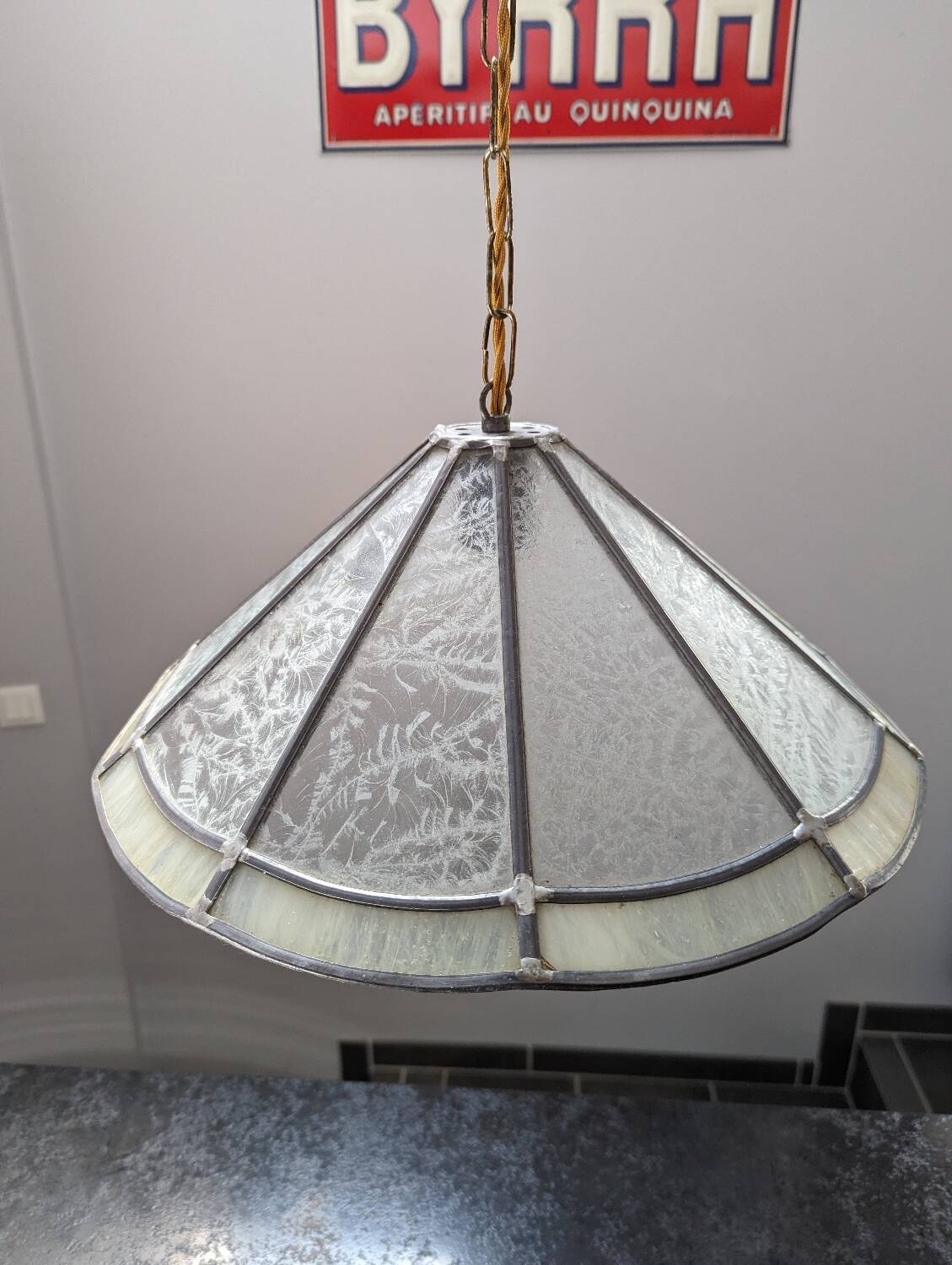 Old large Art Deco pendant lamp with mother-of-pearl and glass shade