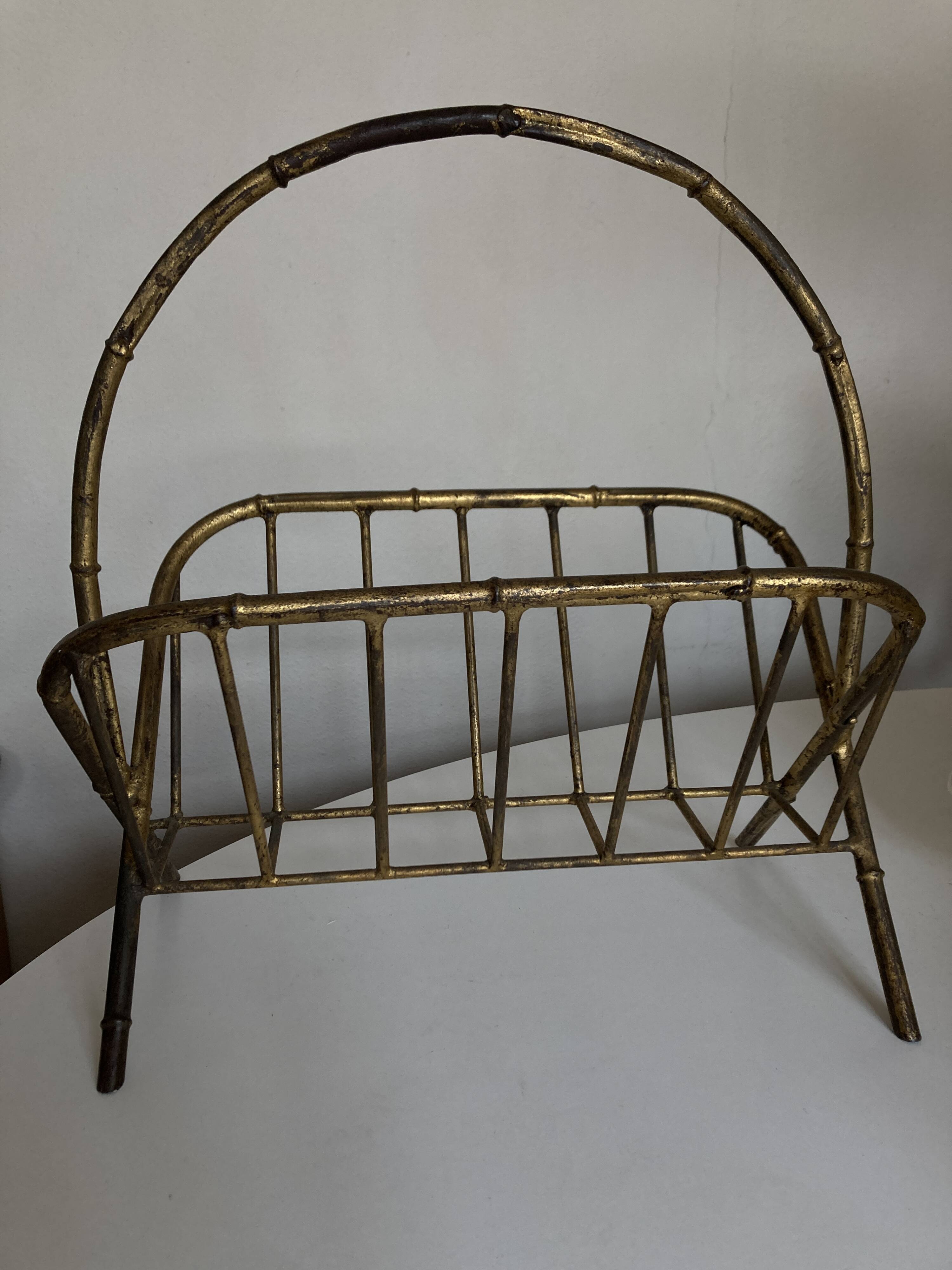1960s magazine rack in gilded wrought iron, faux bamboo, Italian work
