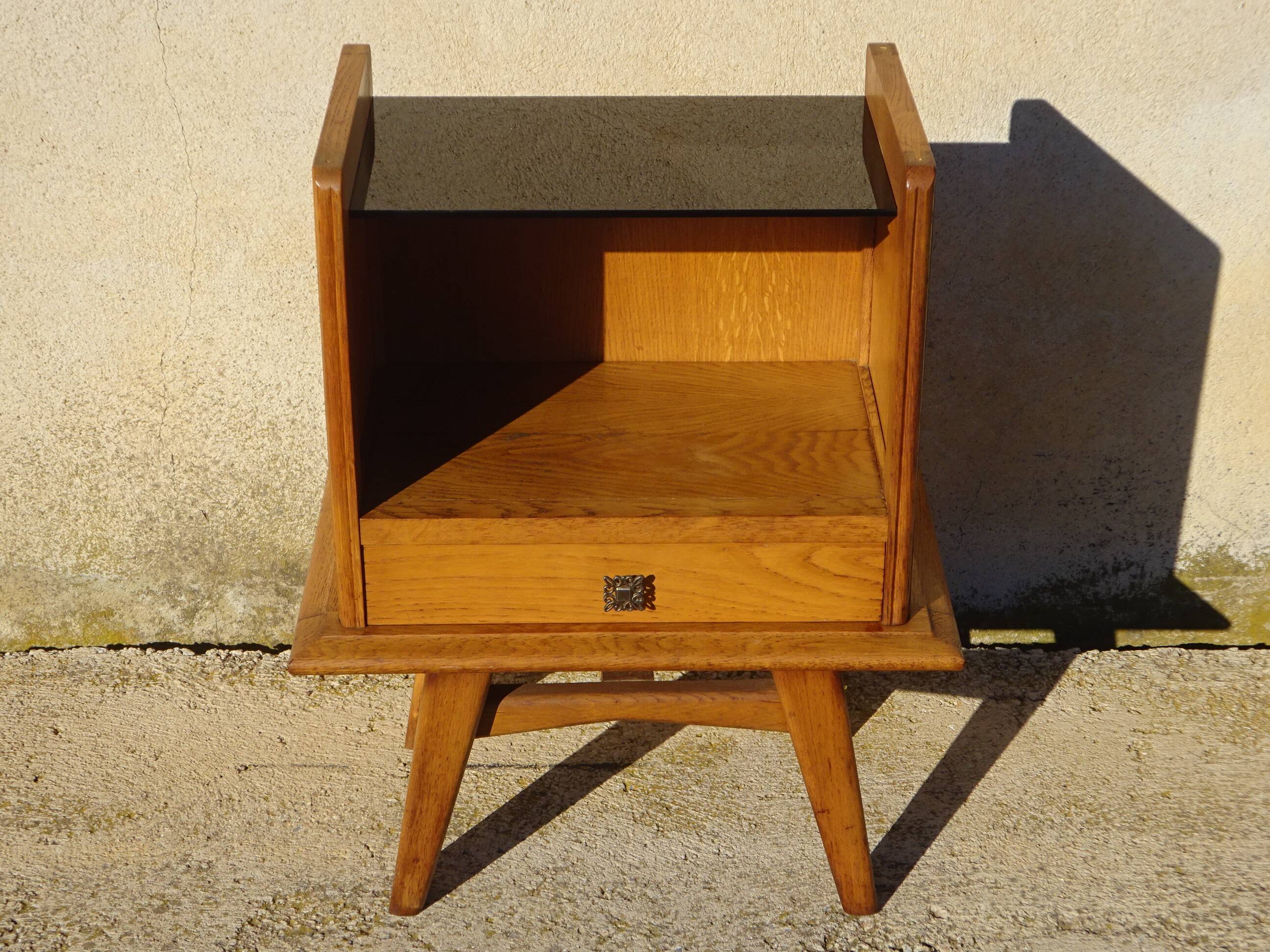 Vintage oak bedside table with splayed legs