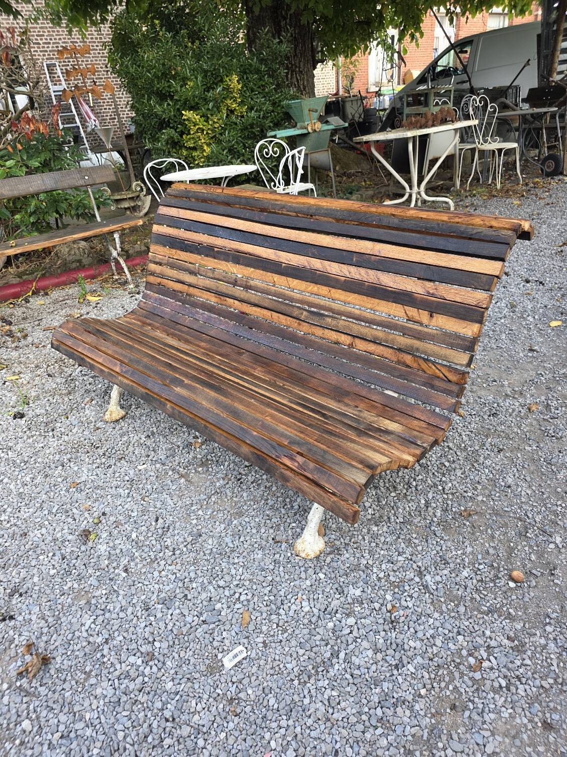 Cast iron and oak slatted garden bench
