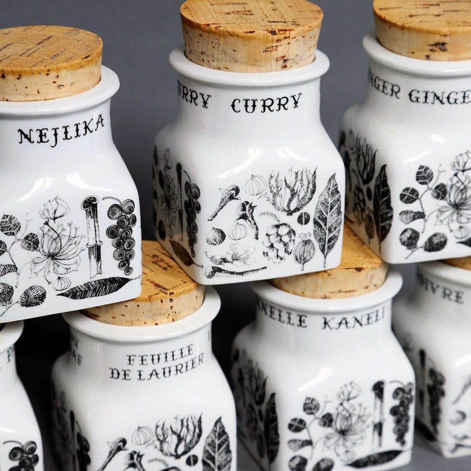 Set of 7 Arabia Finland spice jars with cork stoppers, Esteri Tomula