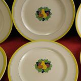 Service 6 assiettes plates faience Boch La Louvière émaux décor fruits Art Déco