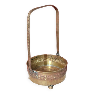 Basket planter with handle, gilded embossed copper mid 20th century