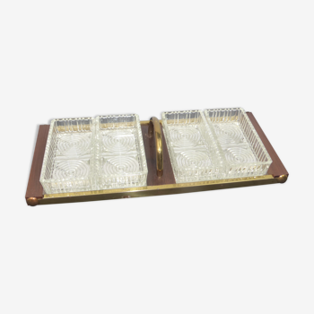 Plateau miroir avec 4 raviers en verre monture bois+métal doré-vintage