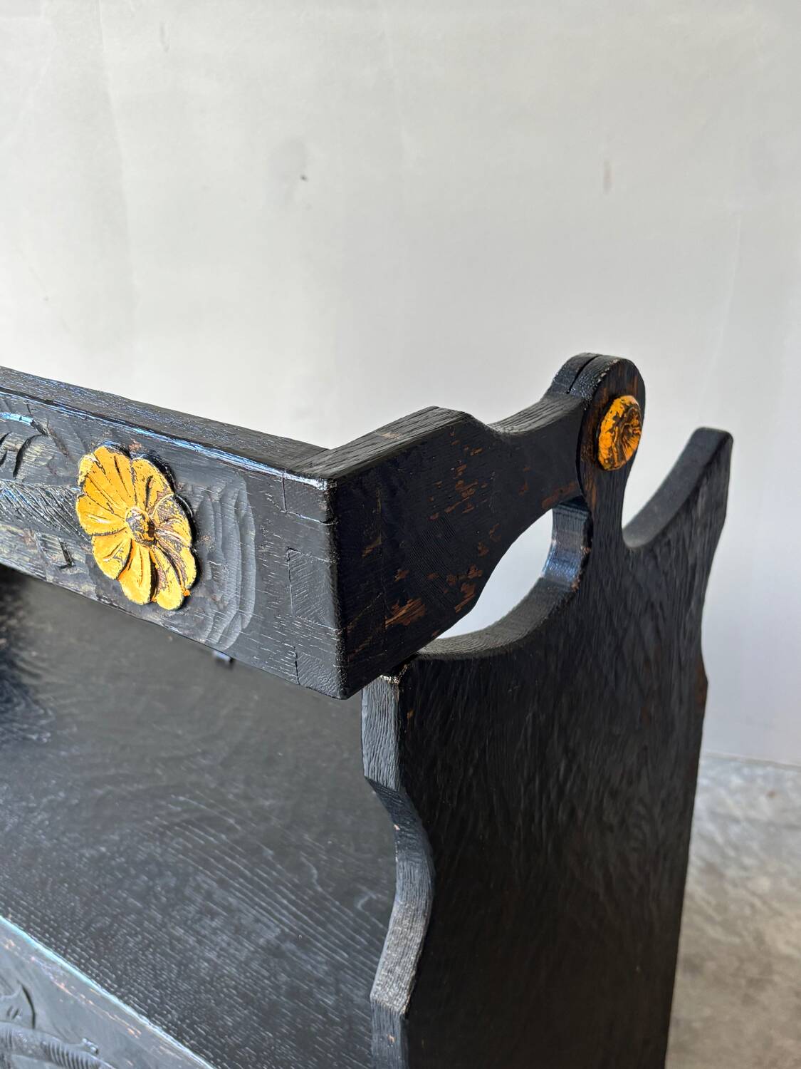 Vintage carved black storage bench – Folk art, early 20th century