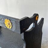 Banc-coffre vintage sculpté noir– Art populaire, début XXe
