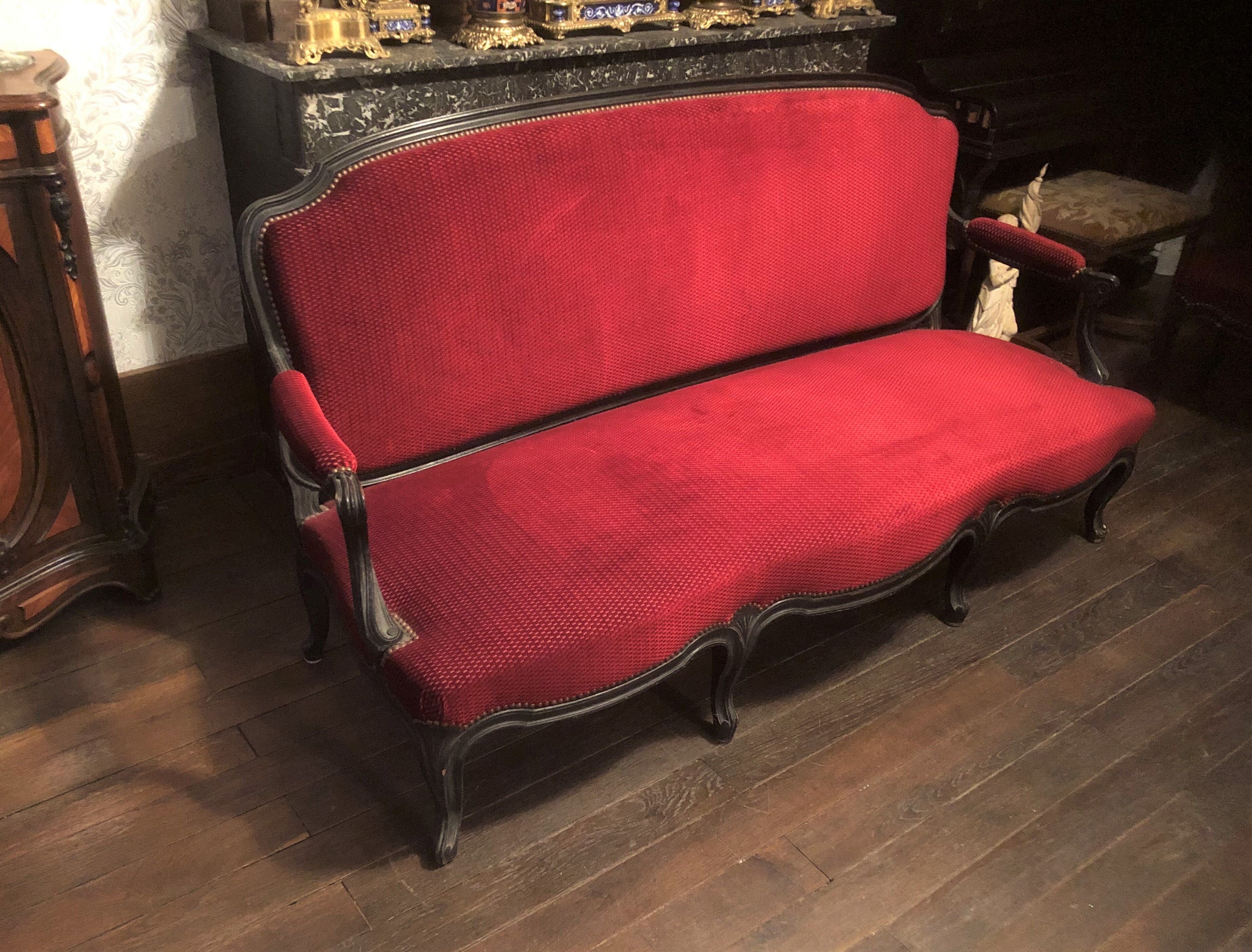Living room NAPOLEON 3 sofa 3 places + 4 chairs PERFECT STATE blackened wood Red fabric