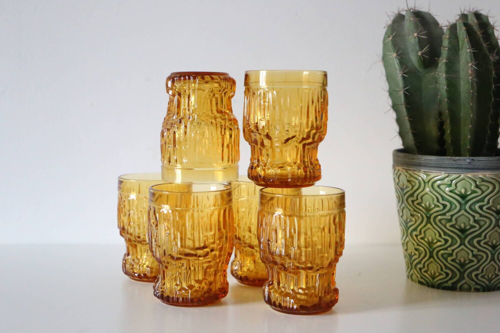 Set of 6 amber glasses, frosted effect, vintage French