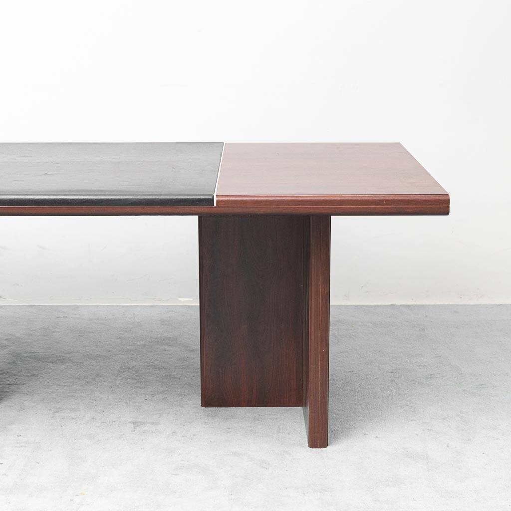 Vintage wooden desk with black faux leather insert – 1970s modernist design