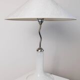White Murano Glass Table Lamp with Zigzag Silver Metal Details and Textured Silk Shade, Italy 1980s