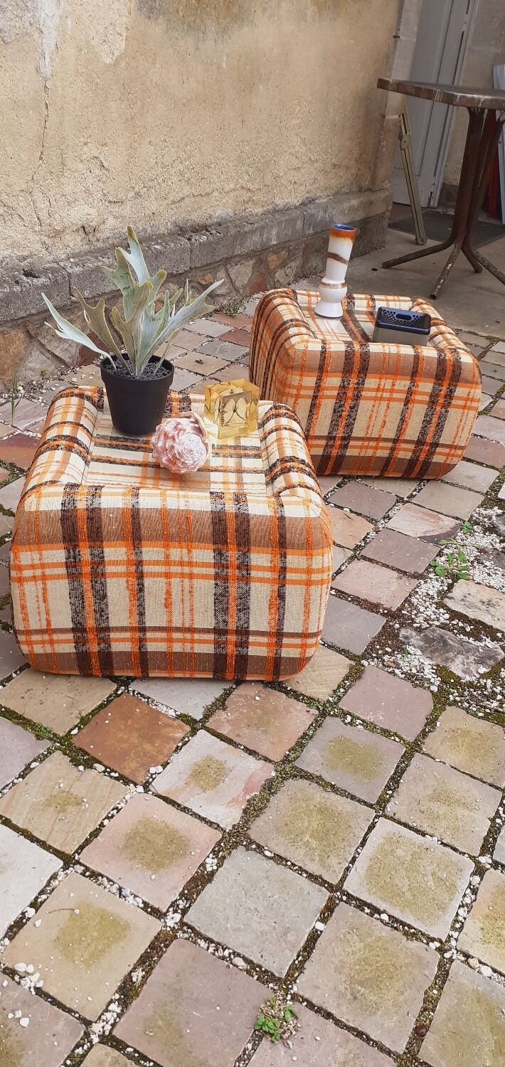 Pair of vintage 70s fabric coffee tables with glass tops