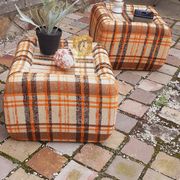 Pair of vintage 70s fabric coffee tables with glass tops