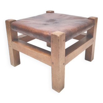 Tabouret ottoman début XXème en bois et cuir