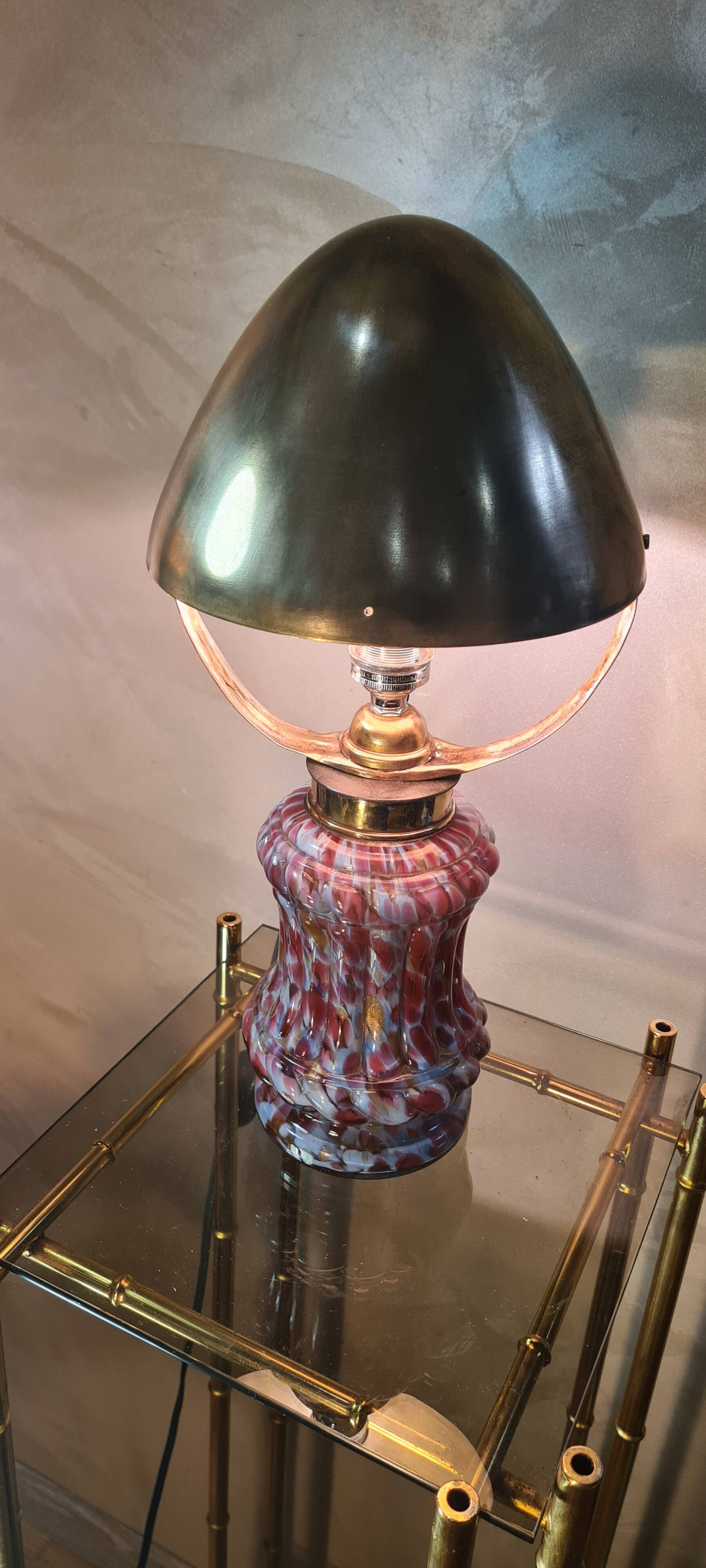 mushroom lamp 1910 superb multicolored glass base, adjustable brass lampshade, 39x19