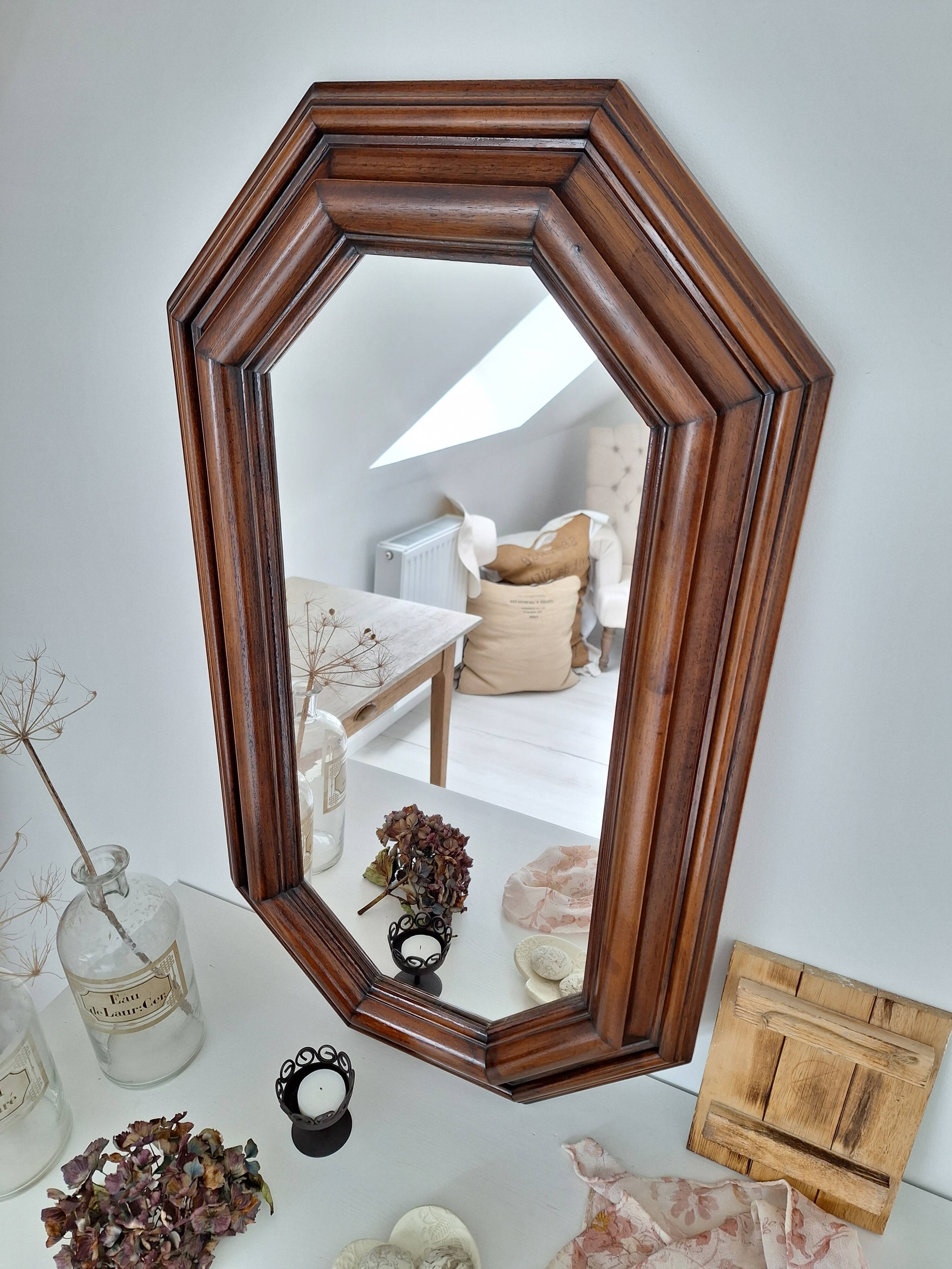 Octagonal wooden mirror from the 1980s.